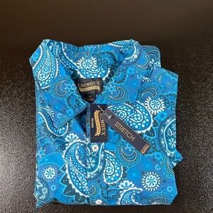Cremieux Premium Denim Button Down Shirt Stretch Paisley Blue‎ Big Man Mens 3XB